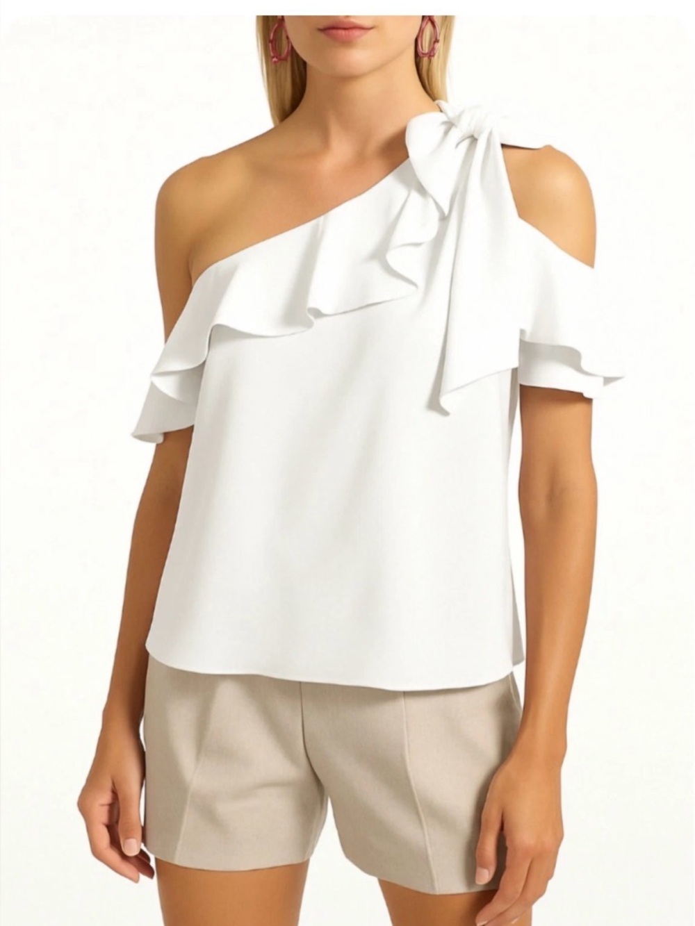 Trina Turk Hot Springs Top White One Shoulder Bow Ruffle Asymmetrical USA Large